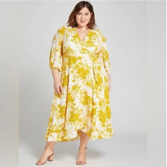 Lane Bryant Dresses & Skirts - Lane Bryant golden yellow floral faux wrap dress size 18 preowned